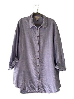 Vintage Soft Surroundings Lavender Blue Button-Up Linen Tunic Top XL Pre-Shrunk